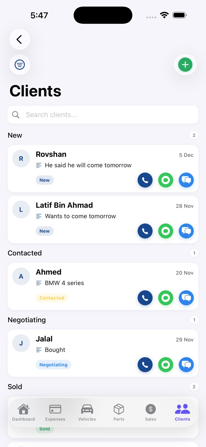 Auto dealer CRM screen